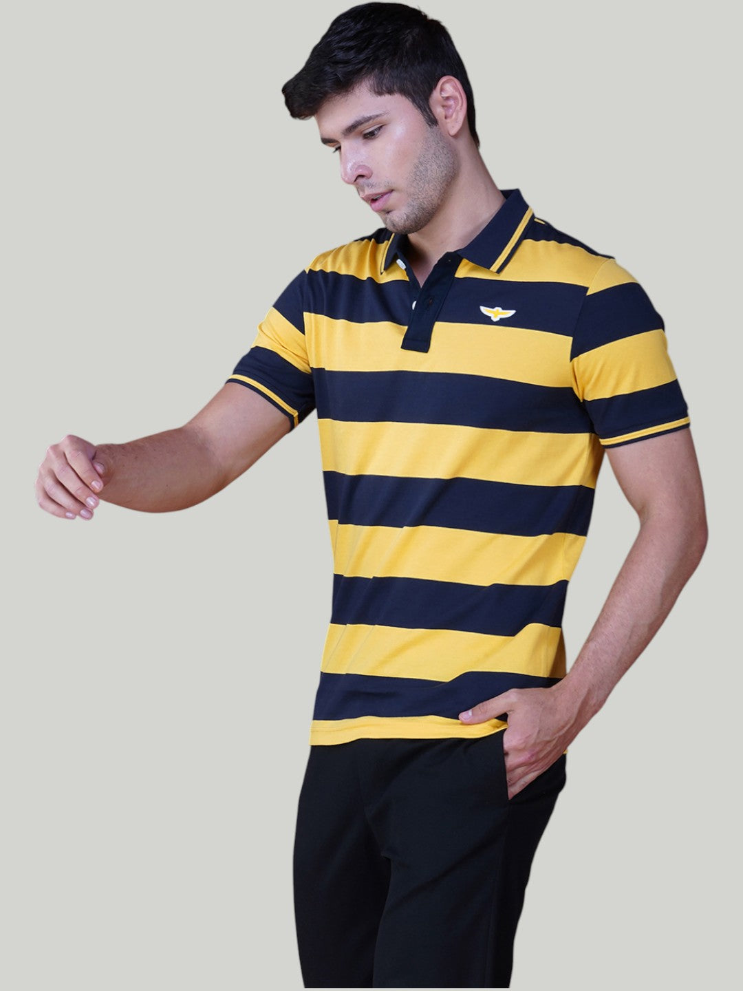 Navy & Yellow Premium Pique Cotton Stripe Polo - Euro Fit (AST 003)