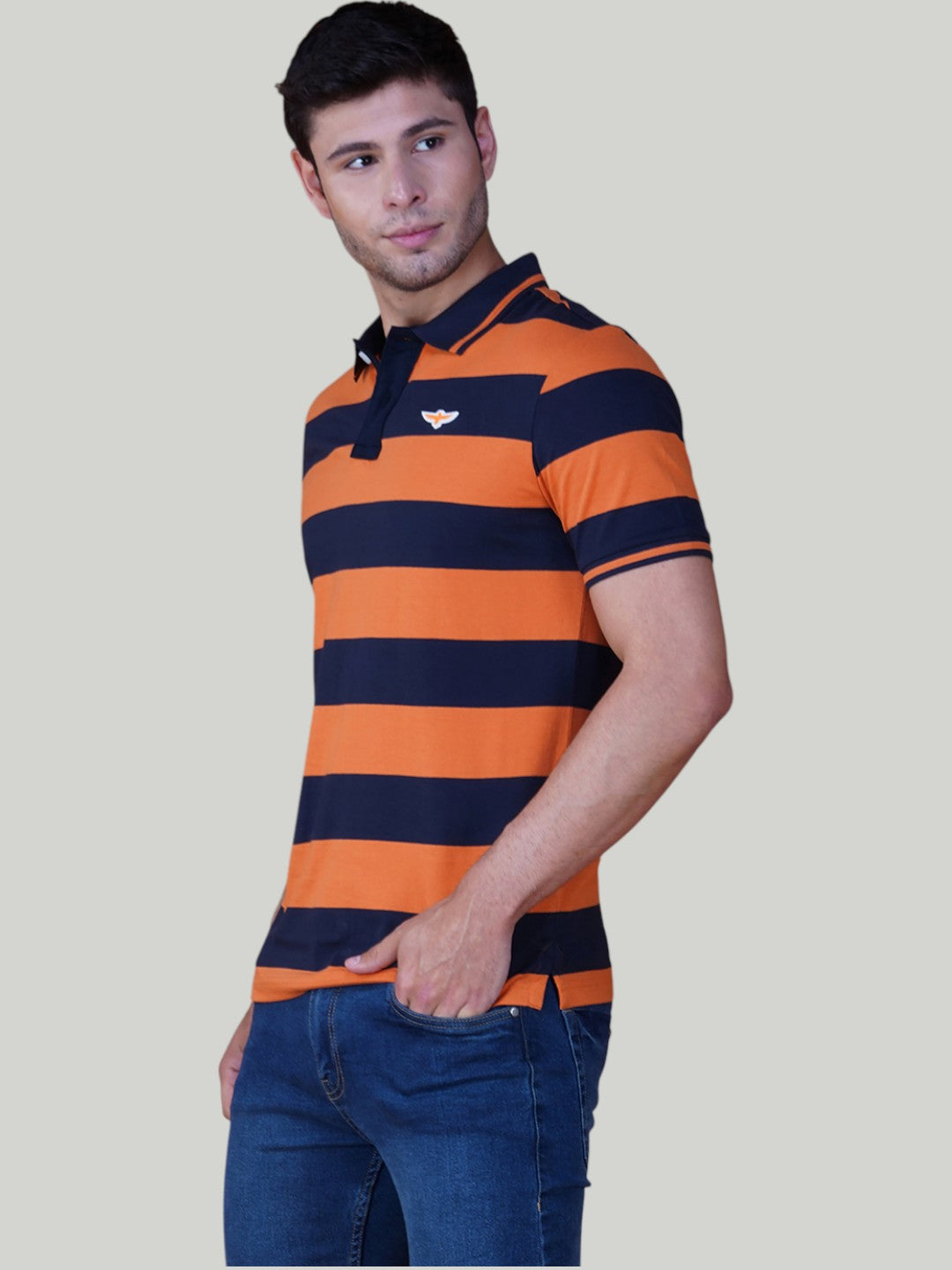 Navy & Orange Premium Pique Cotton Stripe Polo - Euro Fit (AST 004)