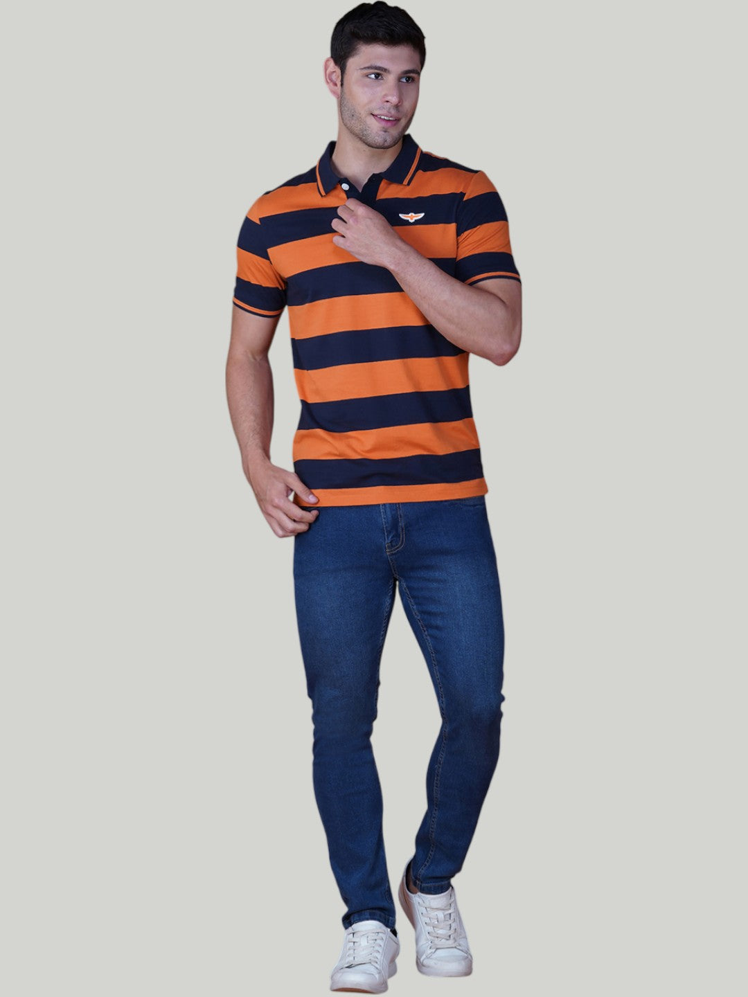 Navy & Orange Premium Pique Cotton Stripe Polo - Euro Fit (AST 004)