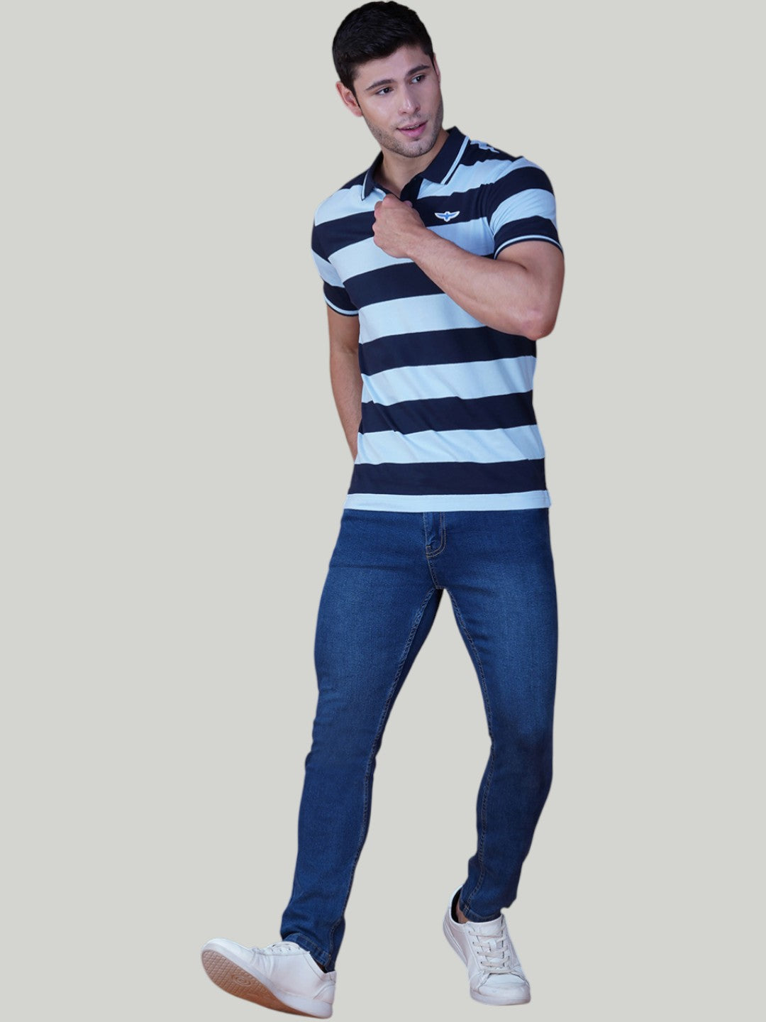 Navy & Light Blue Premium Pique Cotton Stripe Polo – Euro Fit (AST 002)
