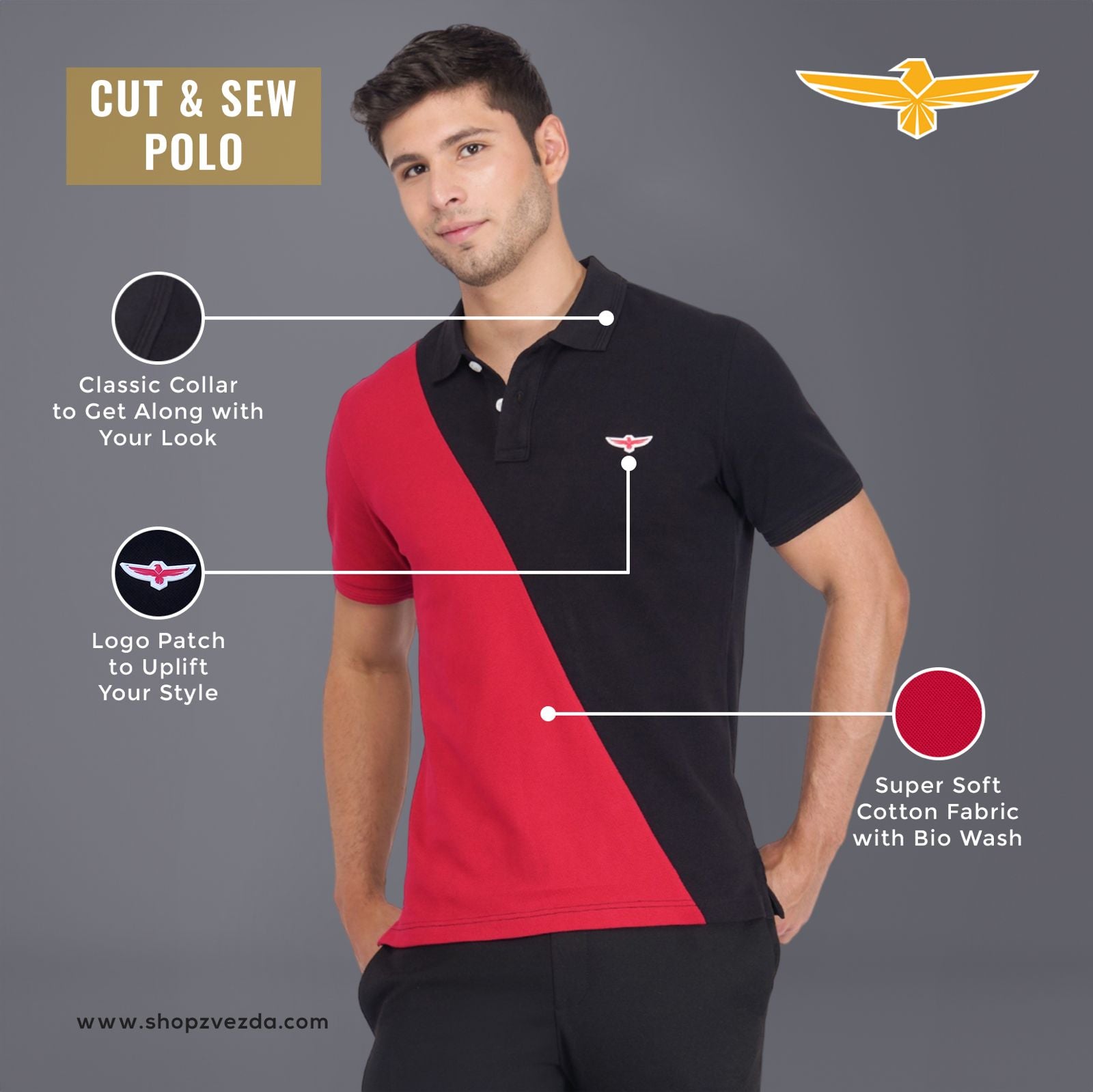 Black & True Red Premium Cotton Piqué Color Block Polo – Euro Fit (CSP-04B)