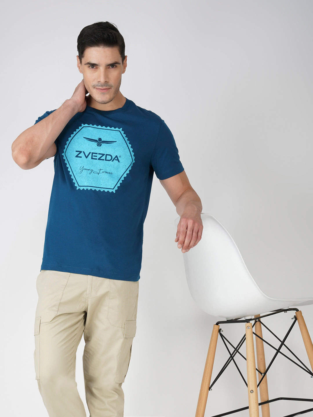 PETROL BLUE BRANDING T-SHIRT POSE VIEW