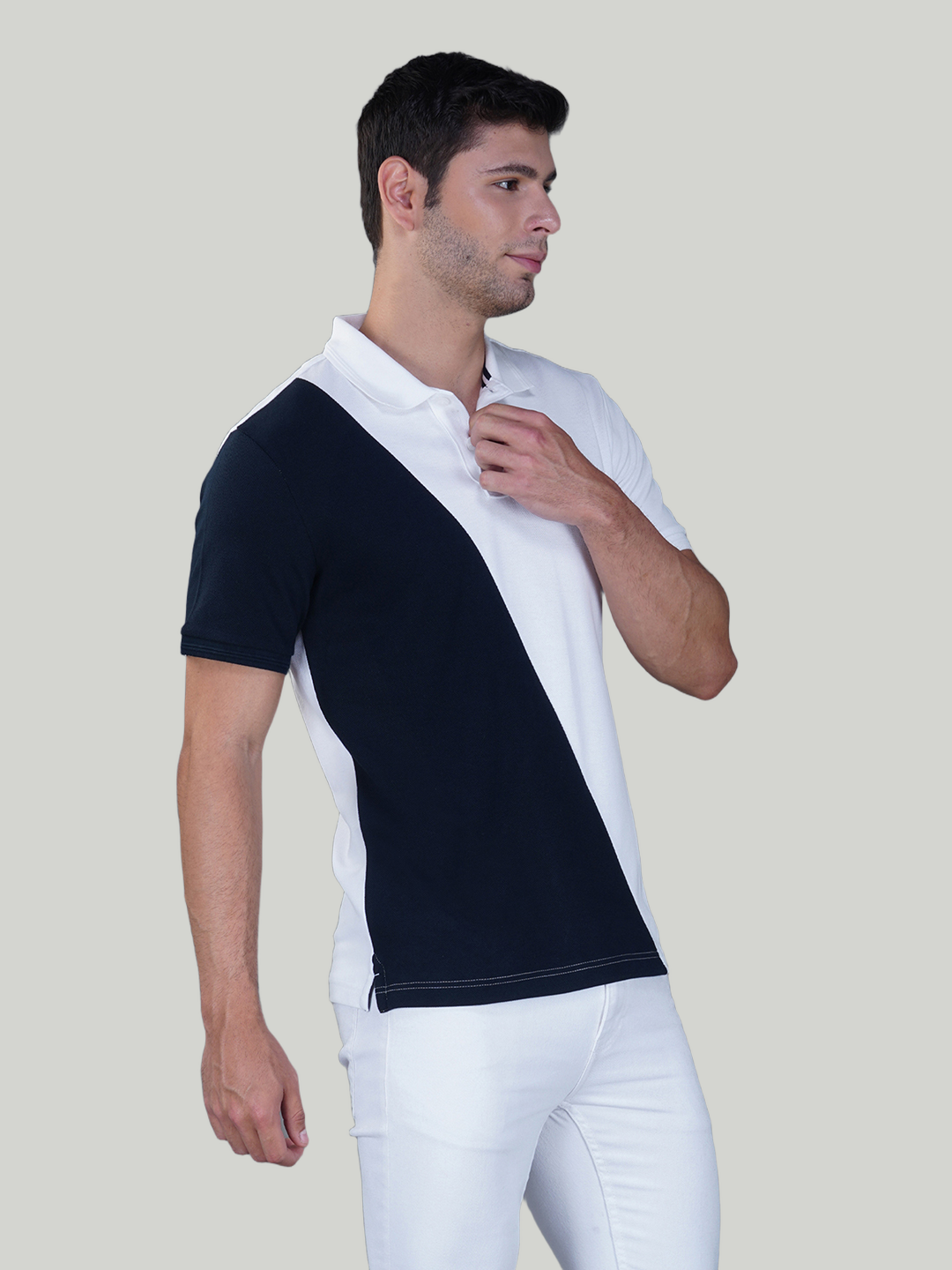 White & Navy Premium Cotton Piqué Color Block Polo – Euro Fit (CSP-04A)