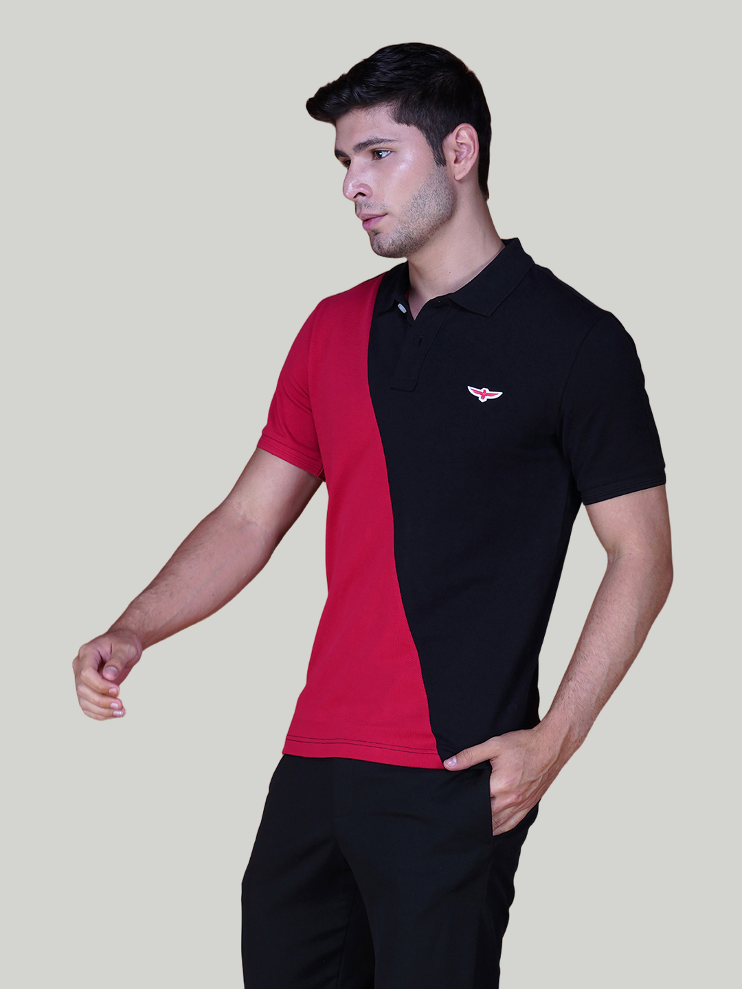 Black & True Red Premium Cotton Piqué Color Block Polo – Euro Fit (CSP-04B)