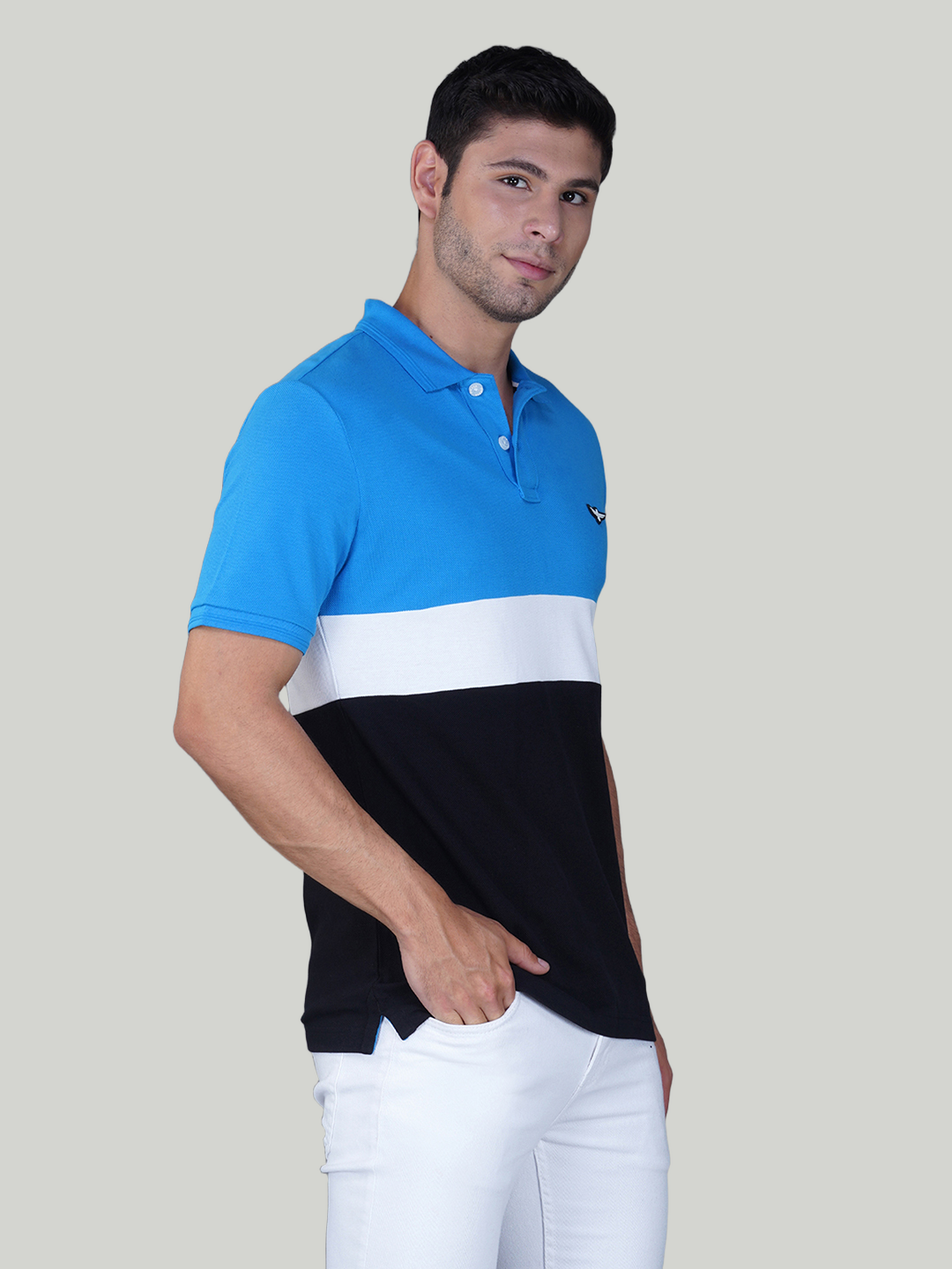 Classic Blue, White & Black Premium Cotton Piqué Color Block Polo – Euro Fit (CSP-03A)