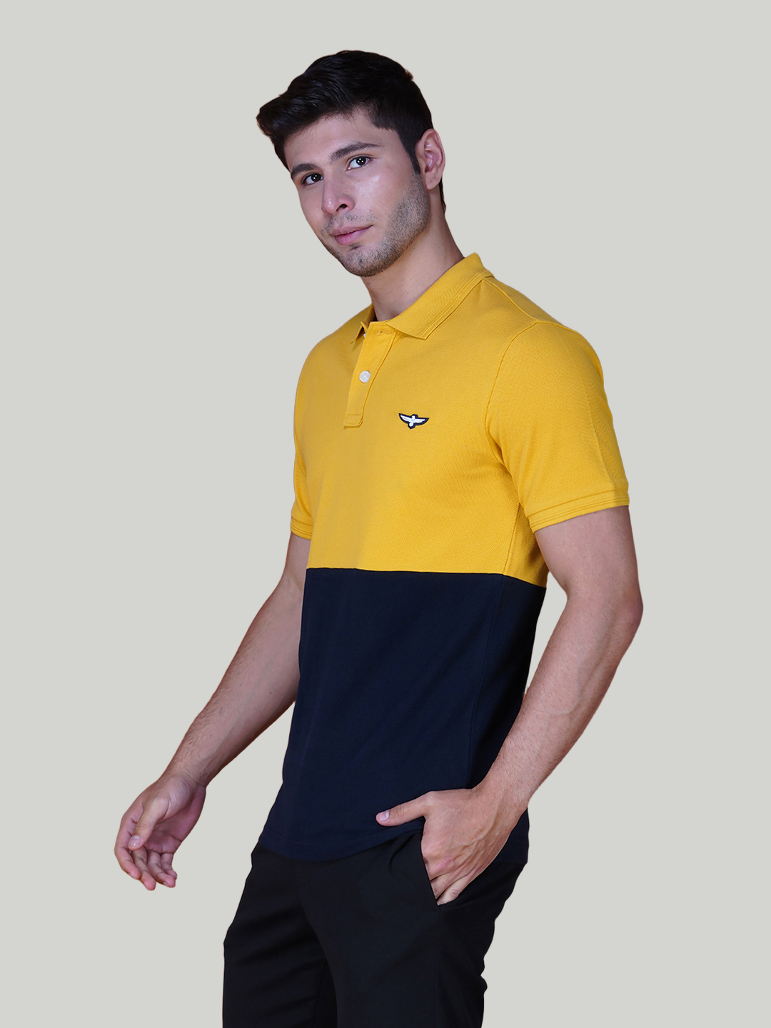 Yellow & Navy Premium Cotton Piqué Color Block Polo – Euro Fit (CSP-02A)