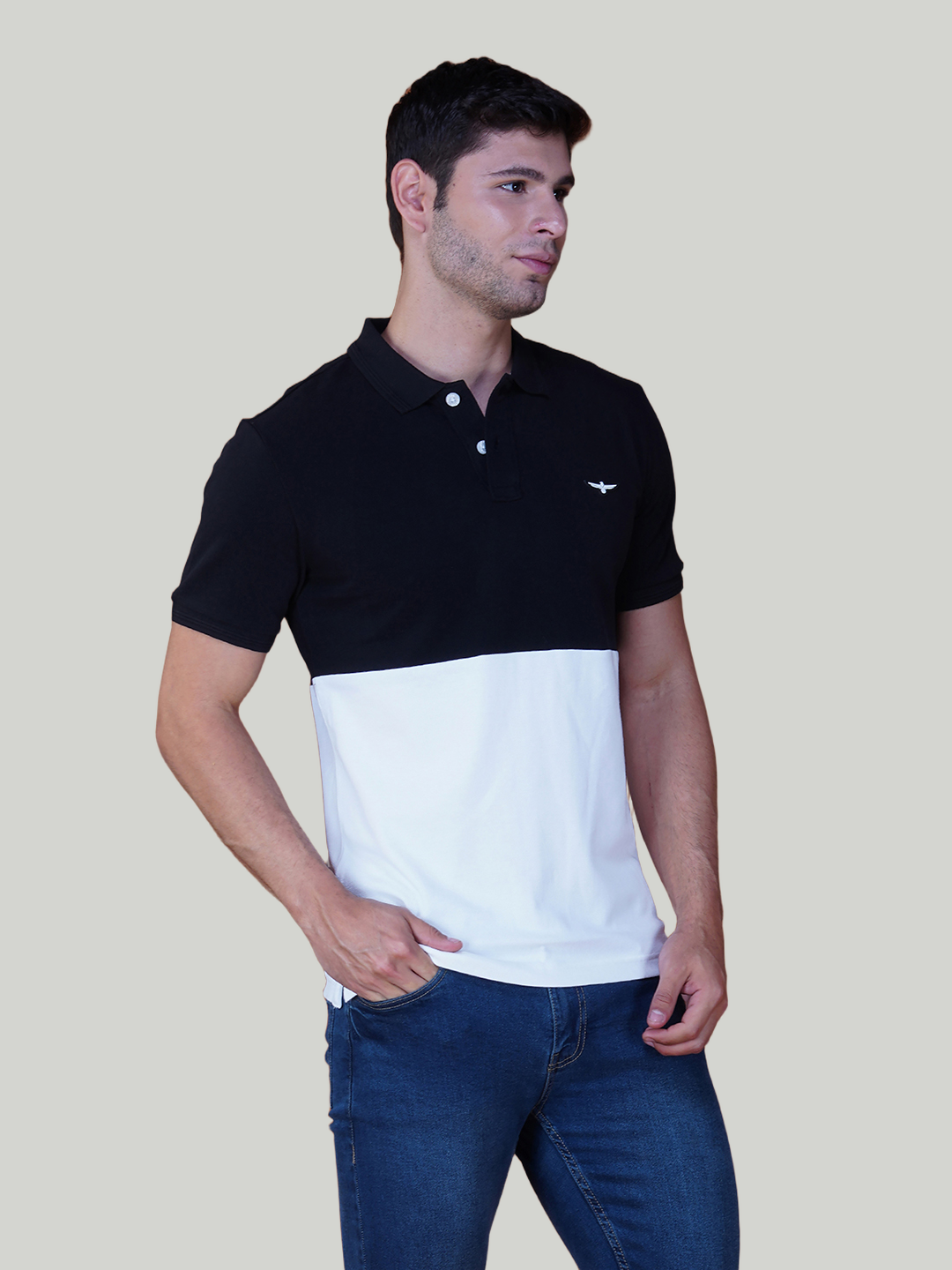 Black & White Premium Cotton Piqué Color Block Polo – Euro Fit (CSP-02B)