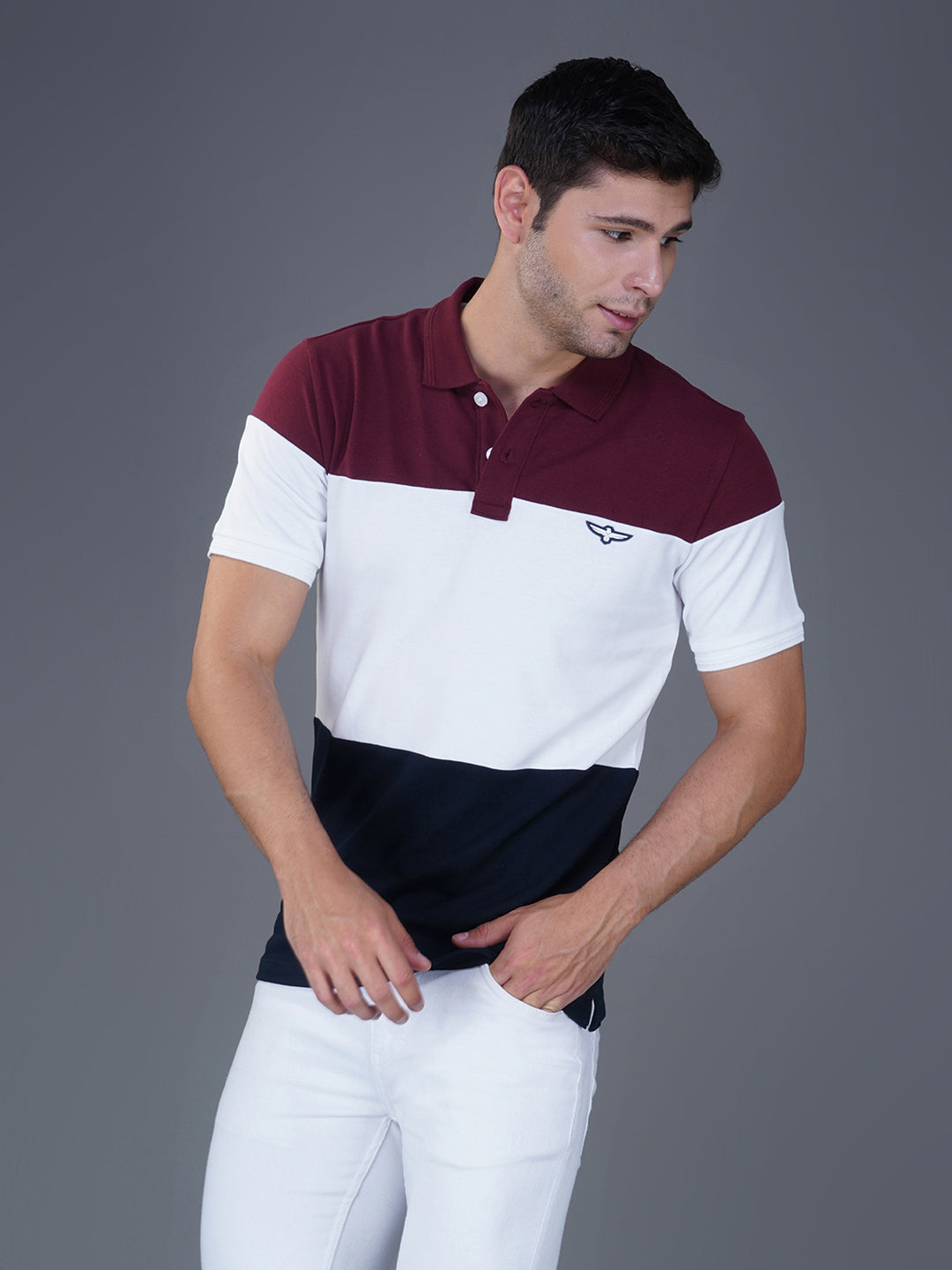 Pomegranate/white/Navy Color Block right style view