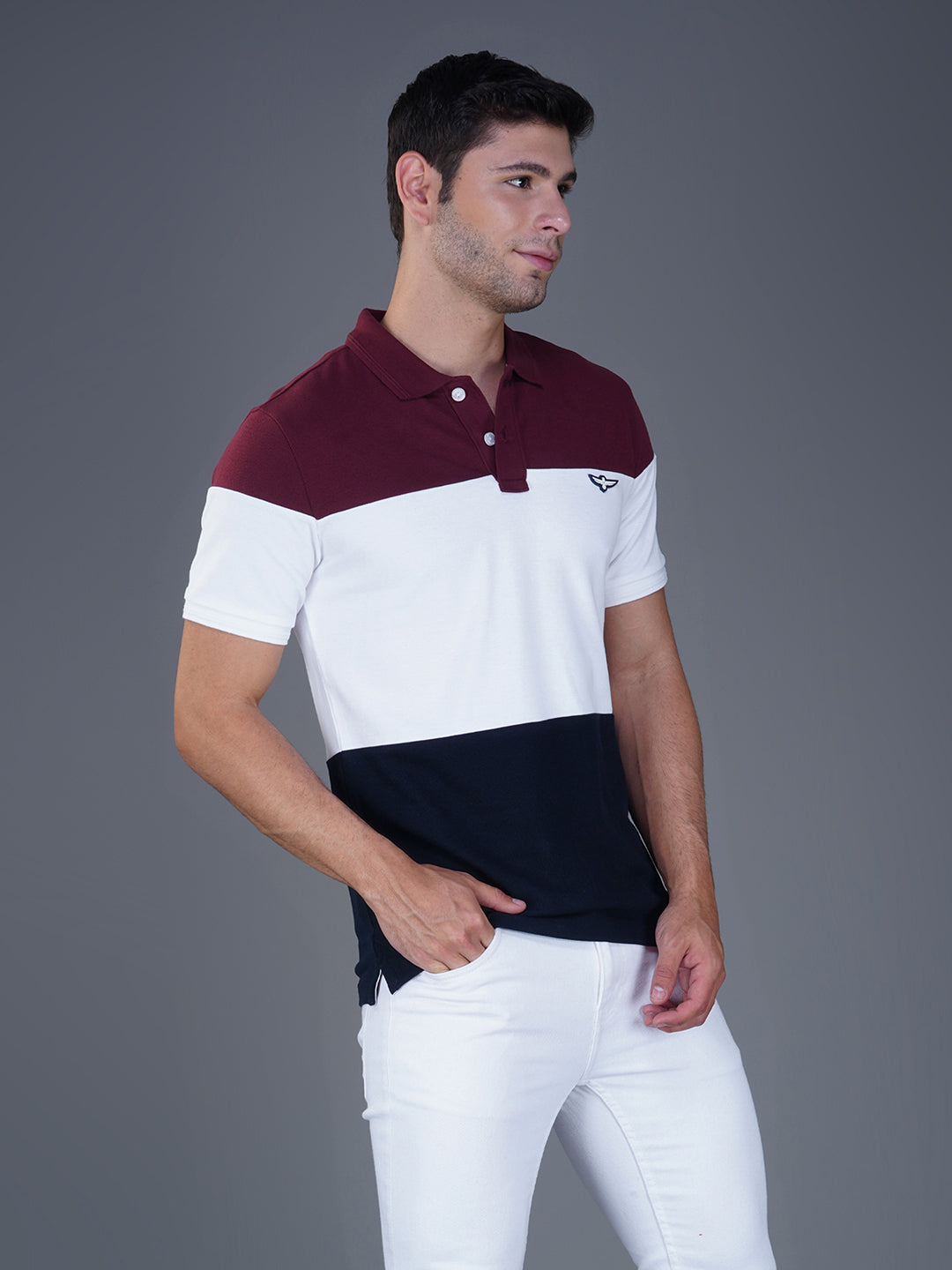 Pomegranate/white/Navy Color Block right view