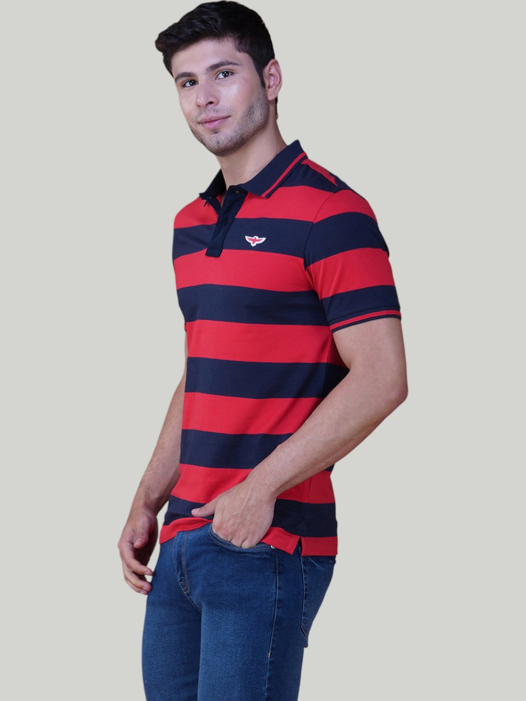 Navy & Red Premium Pique Cotton Stripe Polo – Euro Fit (AST 005)