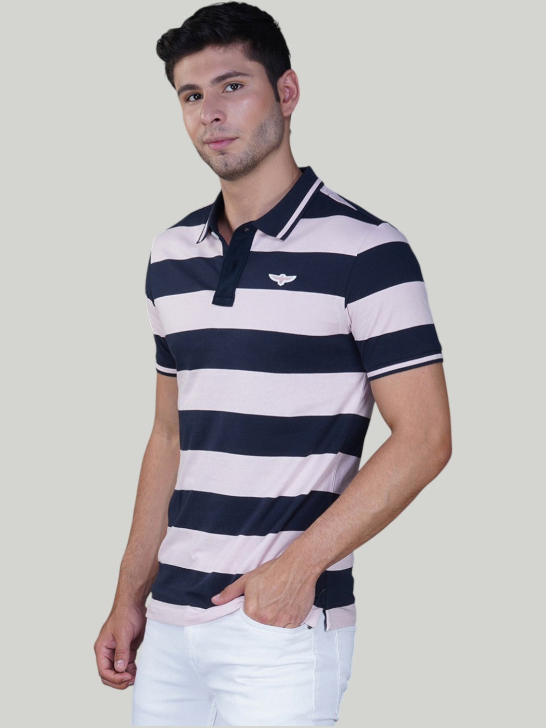 Navy & Pink Premium Pique Cotton Stripe Polo – Euro Fit (AST 001)