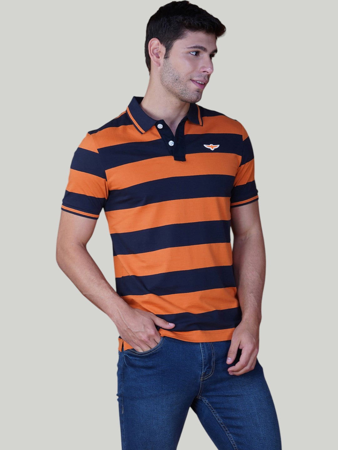 Navy & Orange Premium Pique Cotton Stripe Polo - Euro Fit (AST 004)