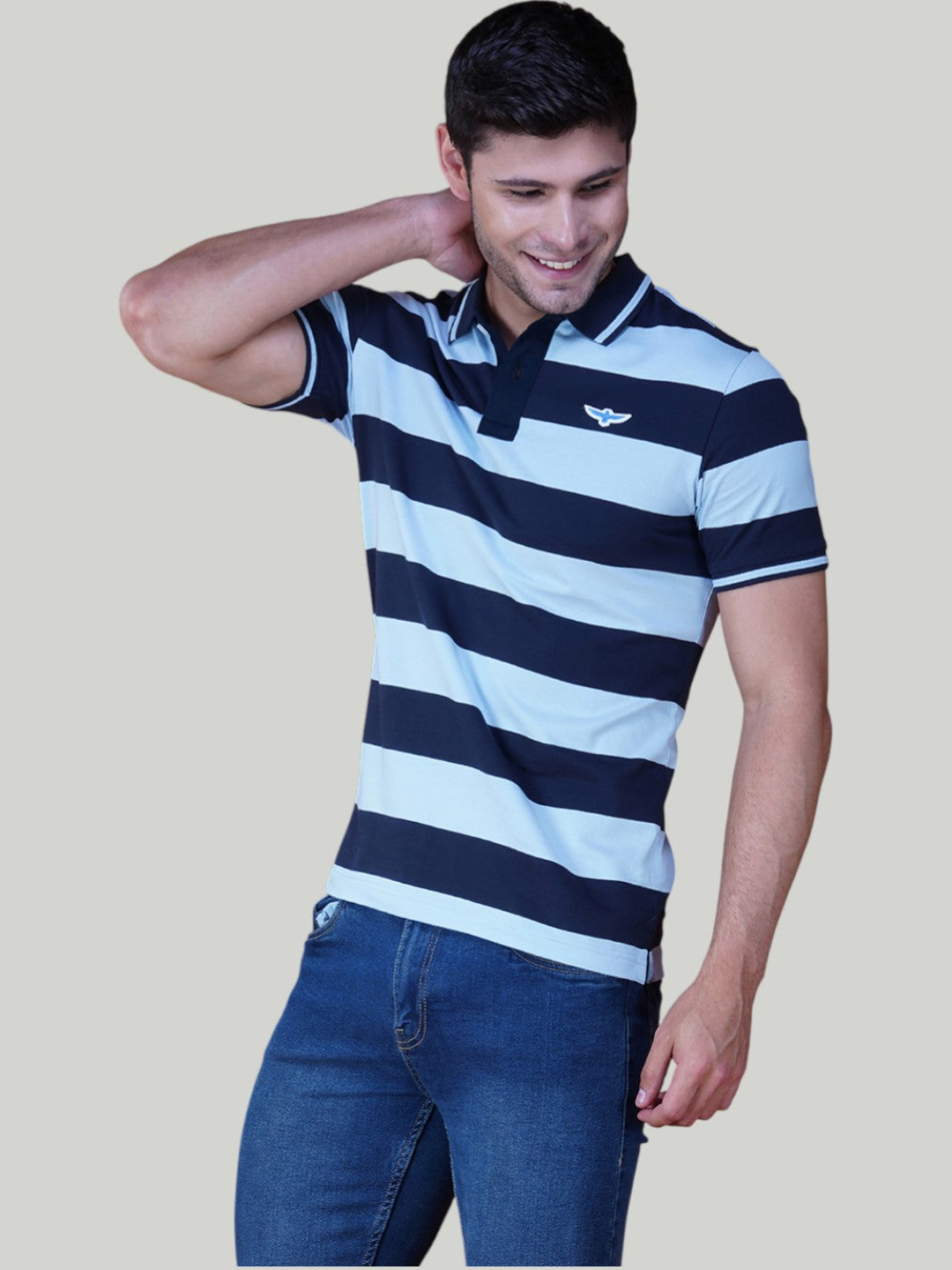 Navy & Light Blue Premium Pique Cotton Stripe Polo – Euro Fit (AST 002)