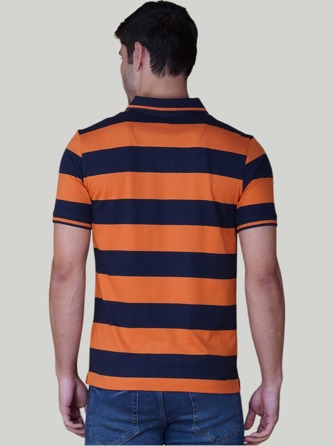 Navy & Orange Premium Pique Cotton Stripe Polo - Euro Fit (AST 004)