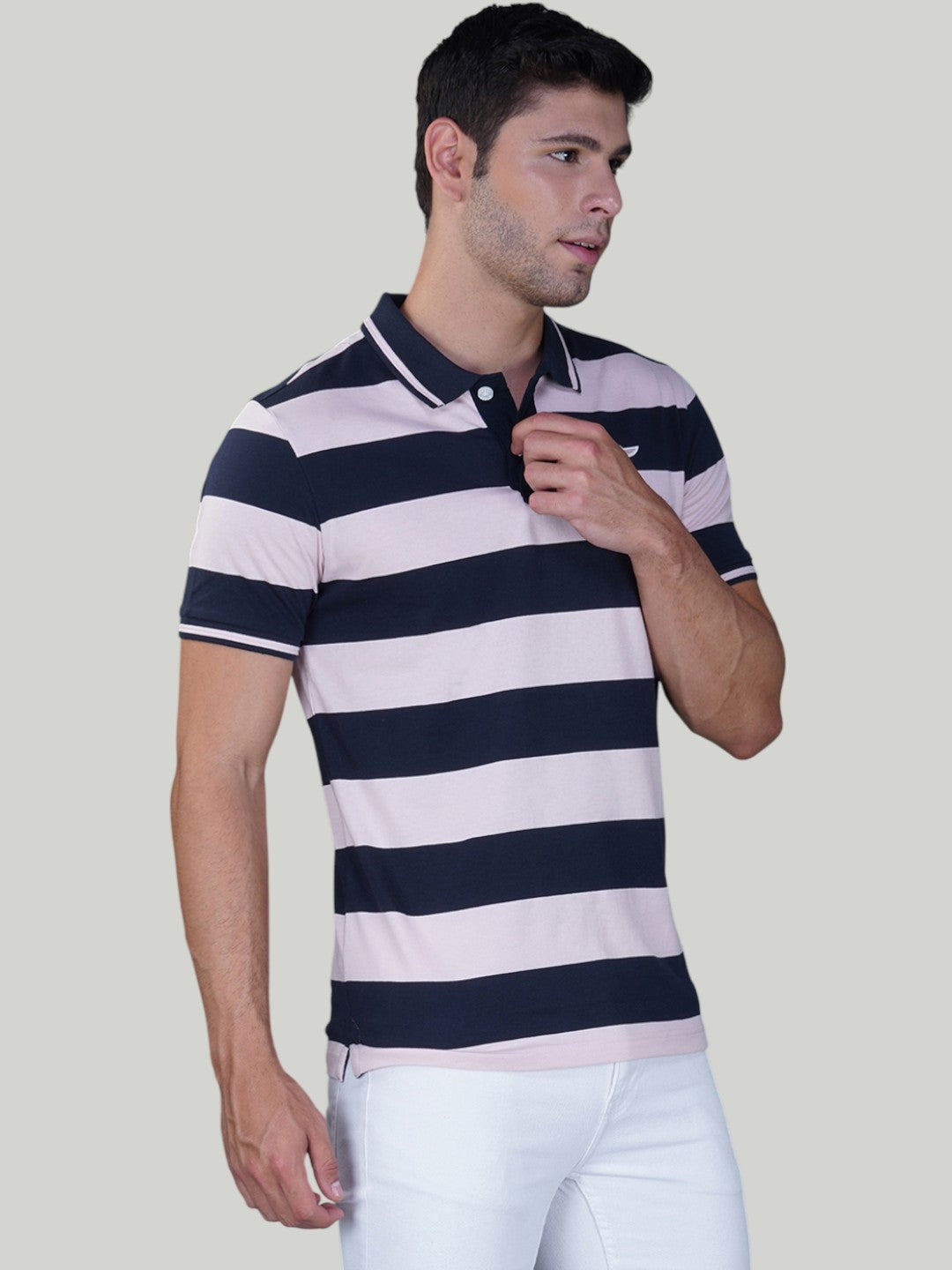 Navy & Pink Premium Pique Cotton Stripe Polo – Euro Fit (AST 001)