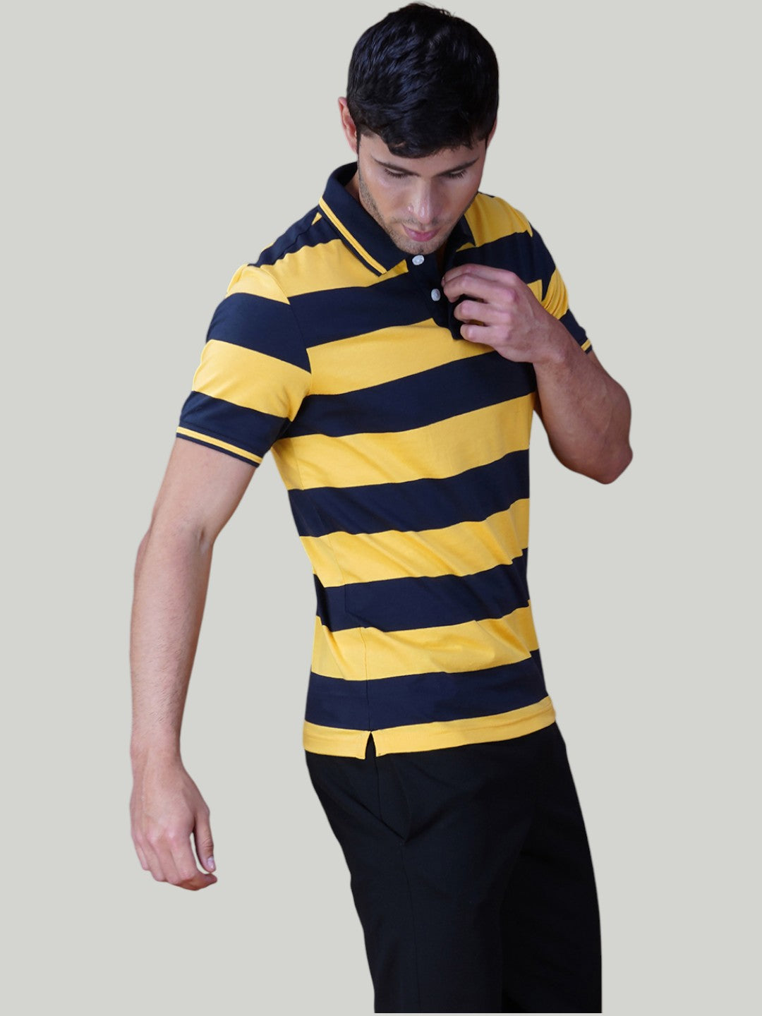 Navy & Yellow Premium Pique Cotton Stripe Polo - Euro Fit (AST 003)