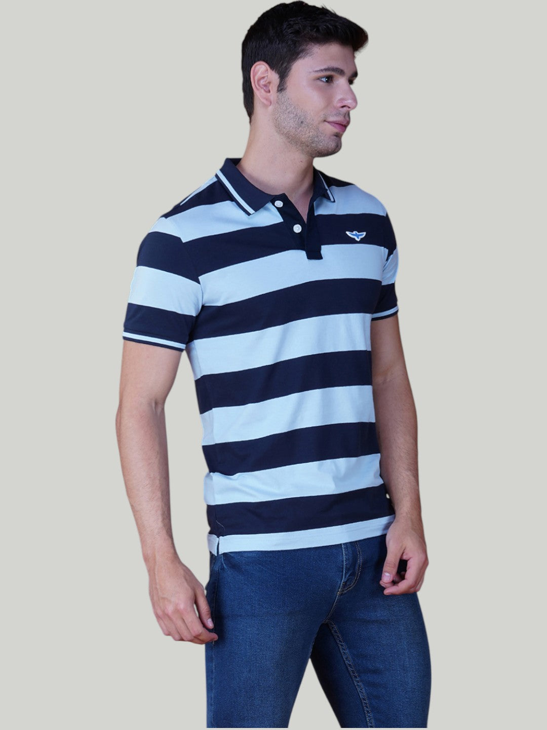 Navy & Light Blue Premium Pique Cotton Stripe Polo – Euro Fit (AST 002)