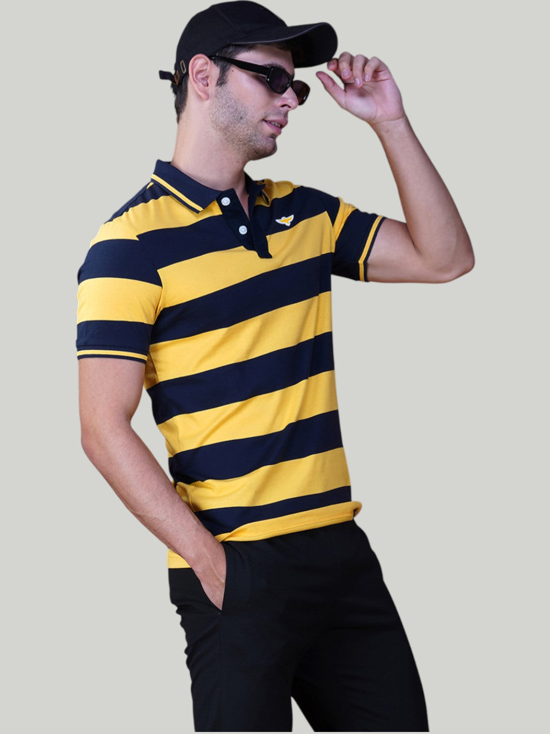 Navy & Yellow Premium Pique Cotton Stripe Polo - Euro Fit (AST 003)
