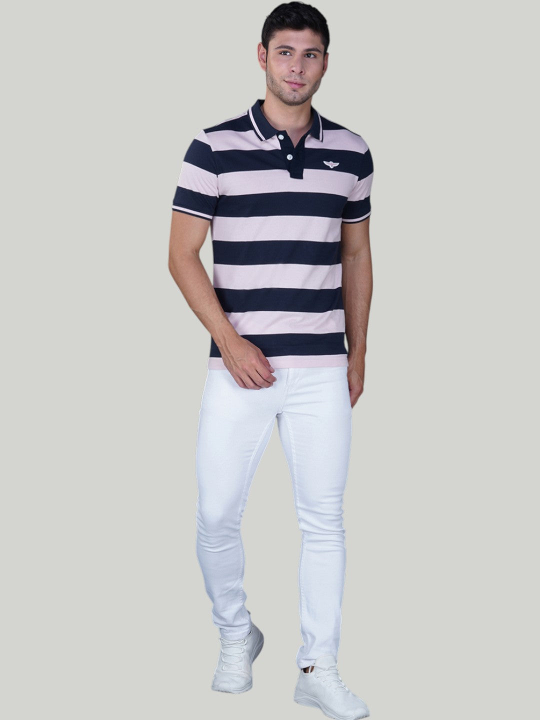 Navy & Pink Premium Pique Cotton Stripe Polo – Euro Fit (AST 001)