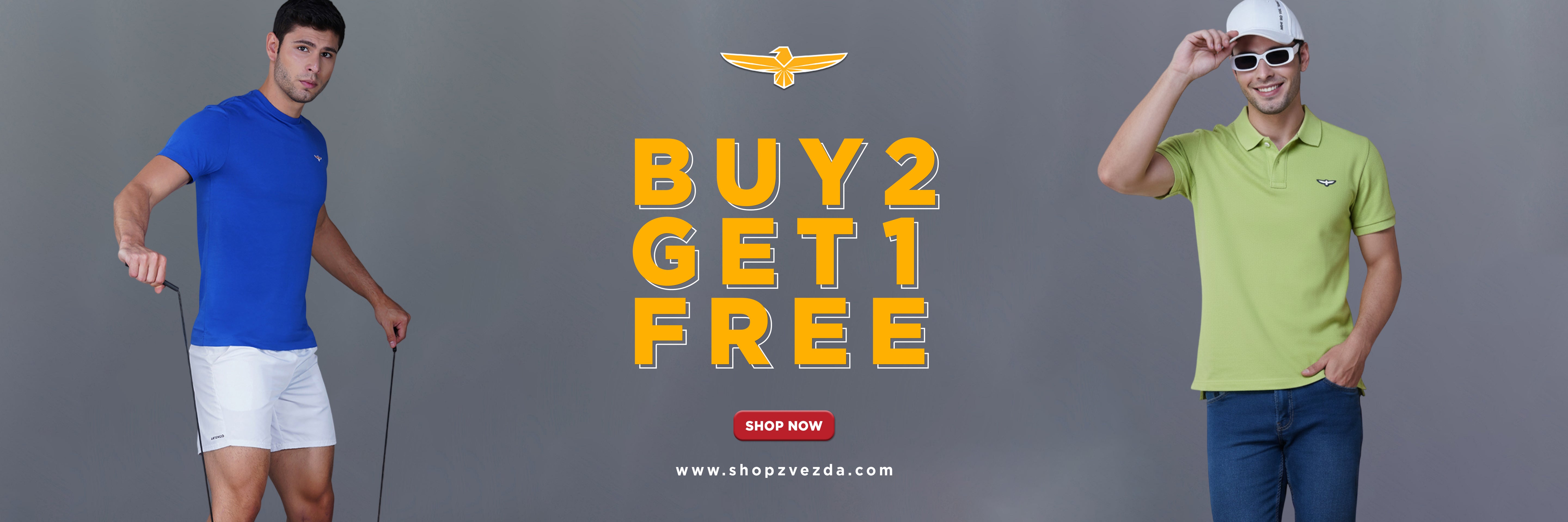Two men wearing colorful shirts with a 'Buy 2 Get 1 Free' offer on a gray background.