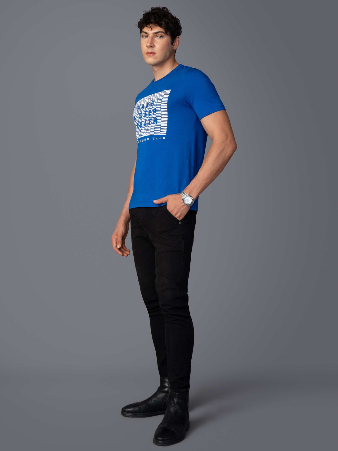 MEDIUM BLUE BRANDING T-SHIRT LEFT VIEW