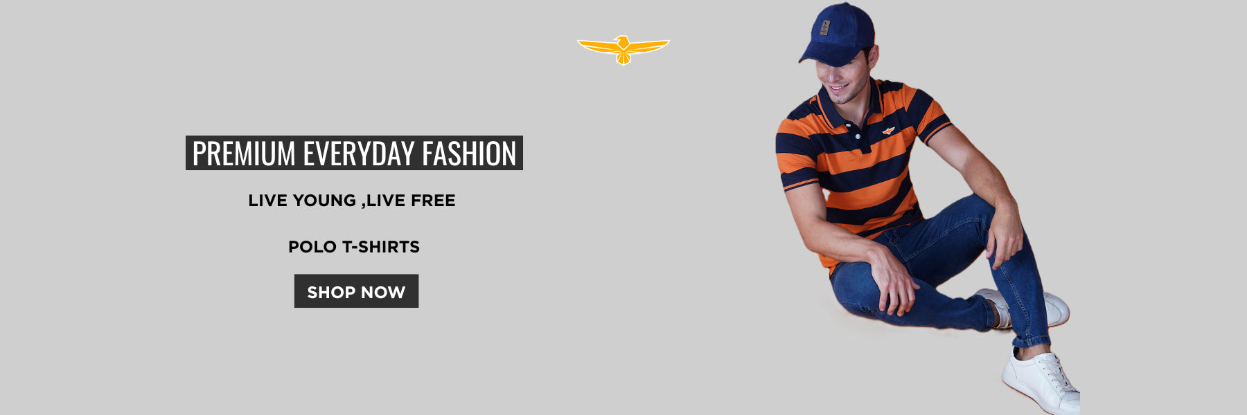 Men wearing a striped polo tshirt sitting on a light gray background with promotional text for Polo T-shirts.