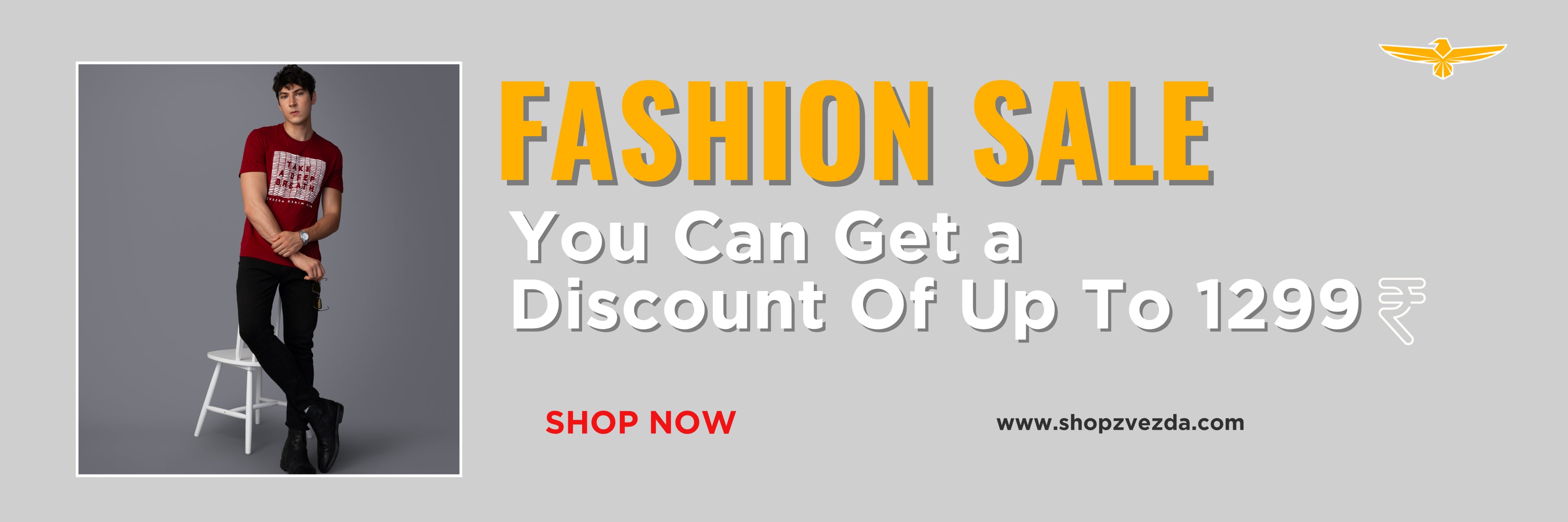  fashion sale with a person in a red shirt and black pants, featuring text about a discount offer.