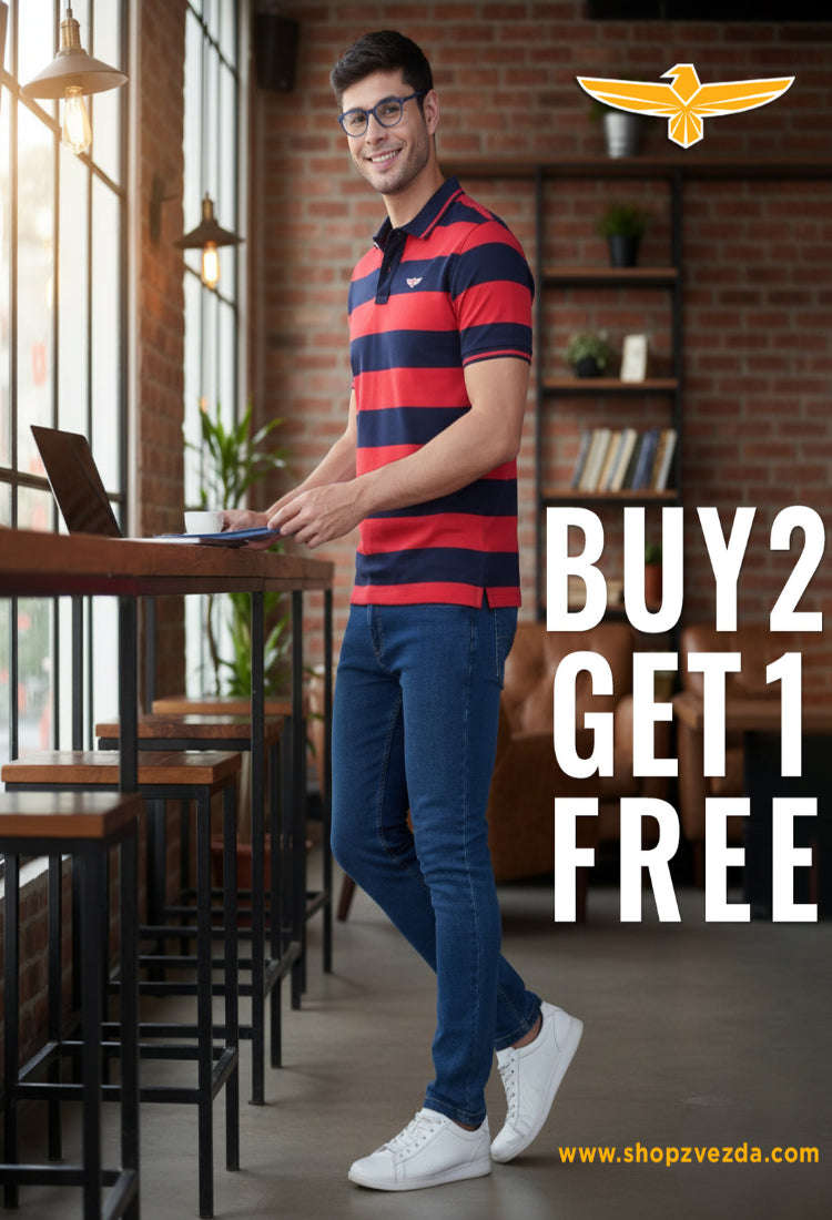 Man in a striped shirt standing in a cafe with promotional text overlay