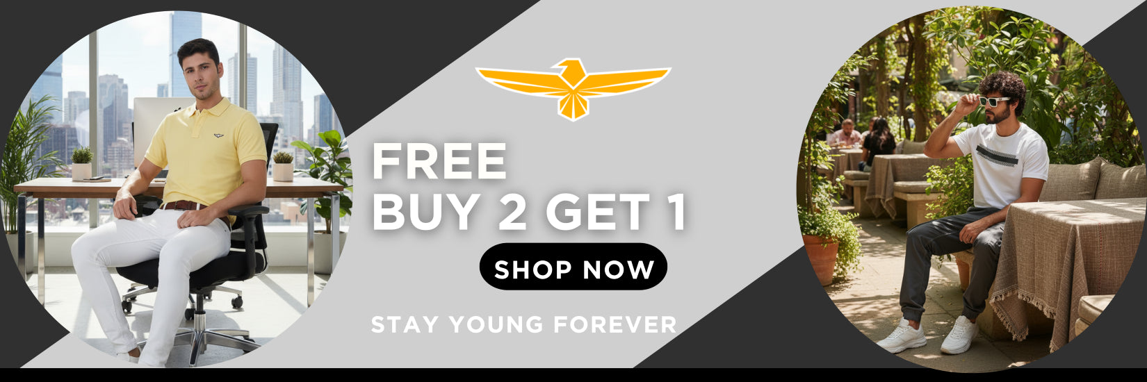Promotional banner with a man in a yellow shirt sitting in an office chair, text 'Free Buy 2 Get 1', and a man in a white shirt sitting outdoors.