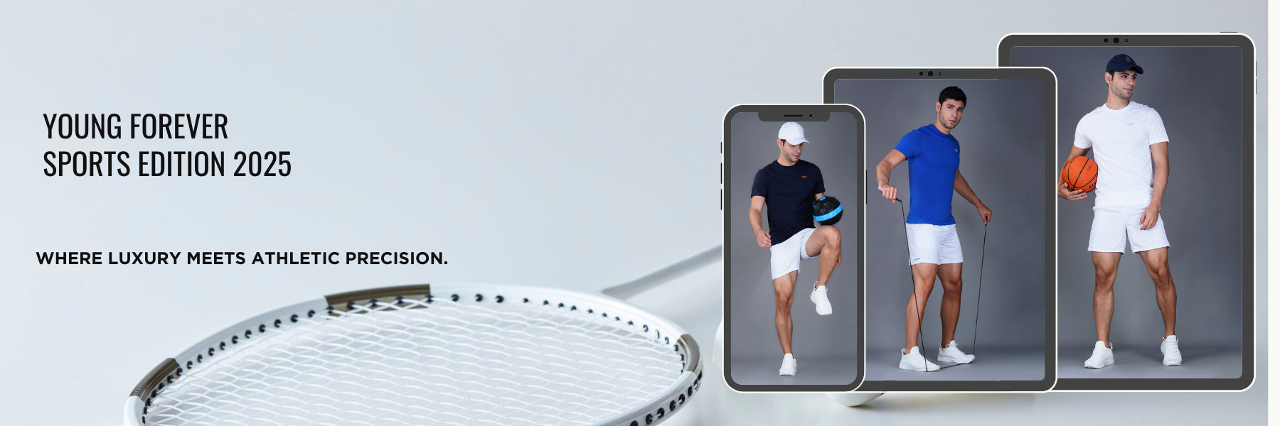 Three men in athletic wear with a tennis ball and racket, featuring 'Young Forever Sports Edition 2025' on a light gray background.