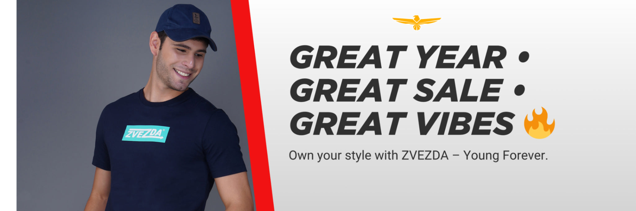 Man wearing a navy ZVEZDA t-shirt with promotional text on a gray and white background