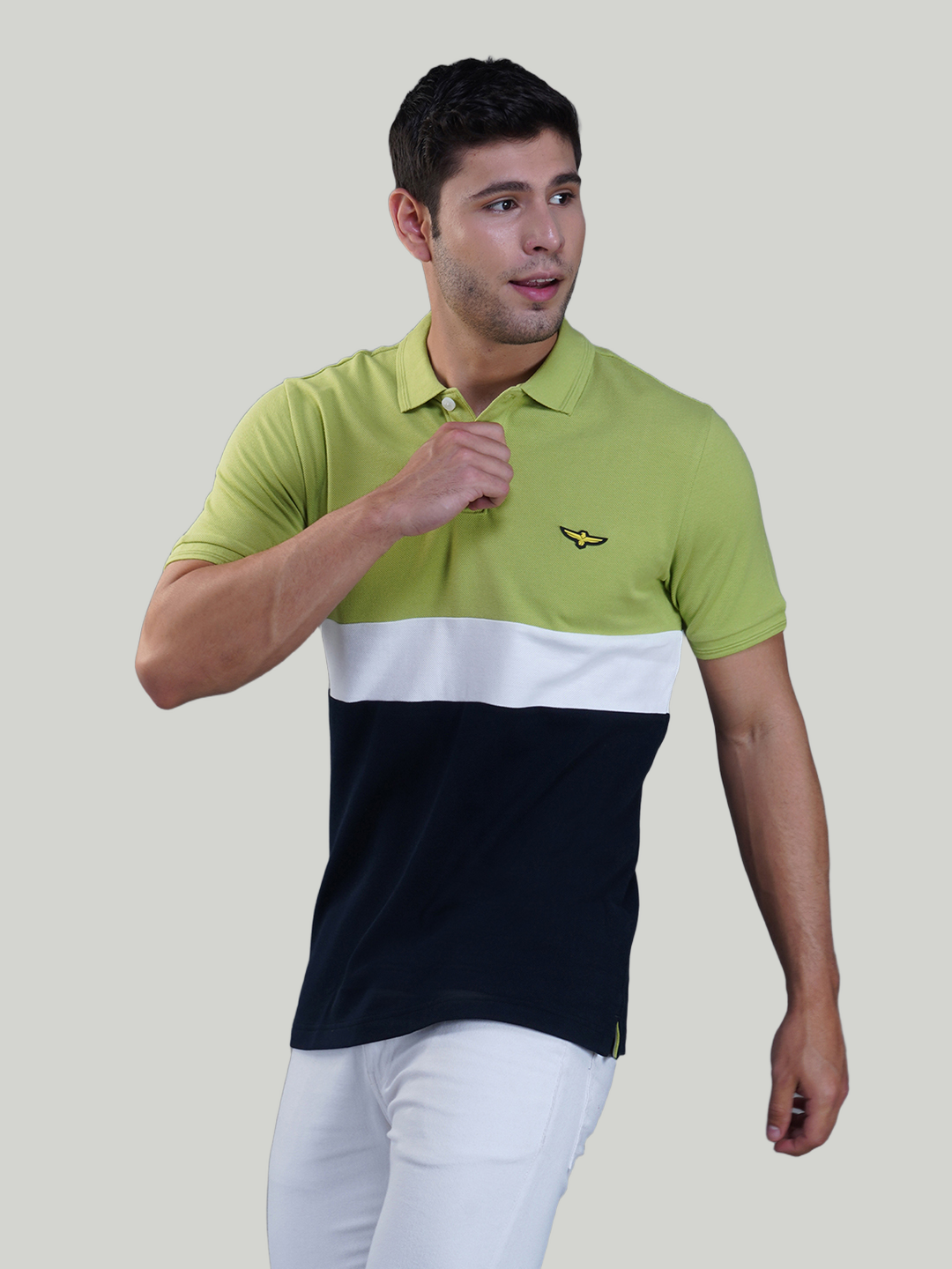Lime, White & Navy Premium Cotton Piqué Color Block Polo – Euro Fit (CSP-03B)