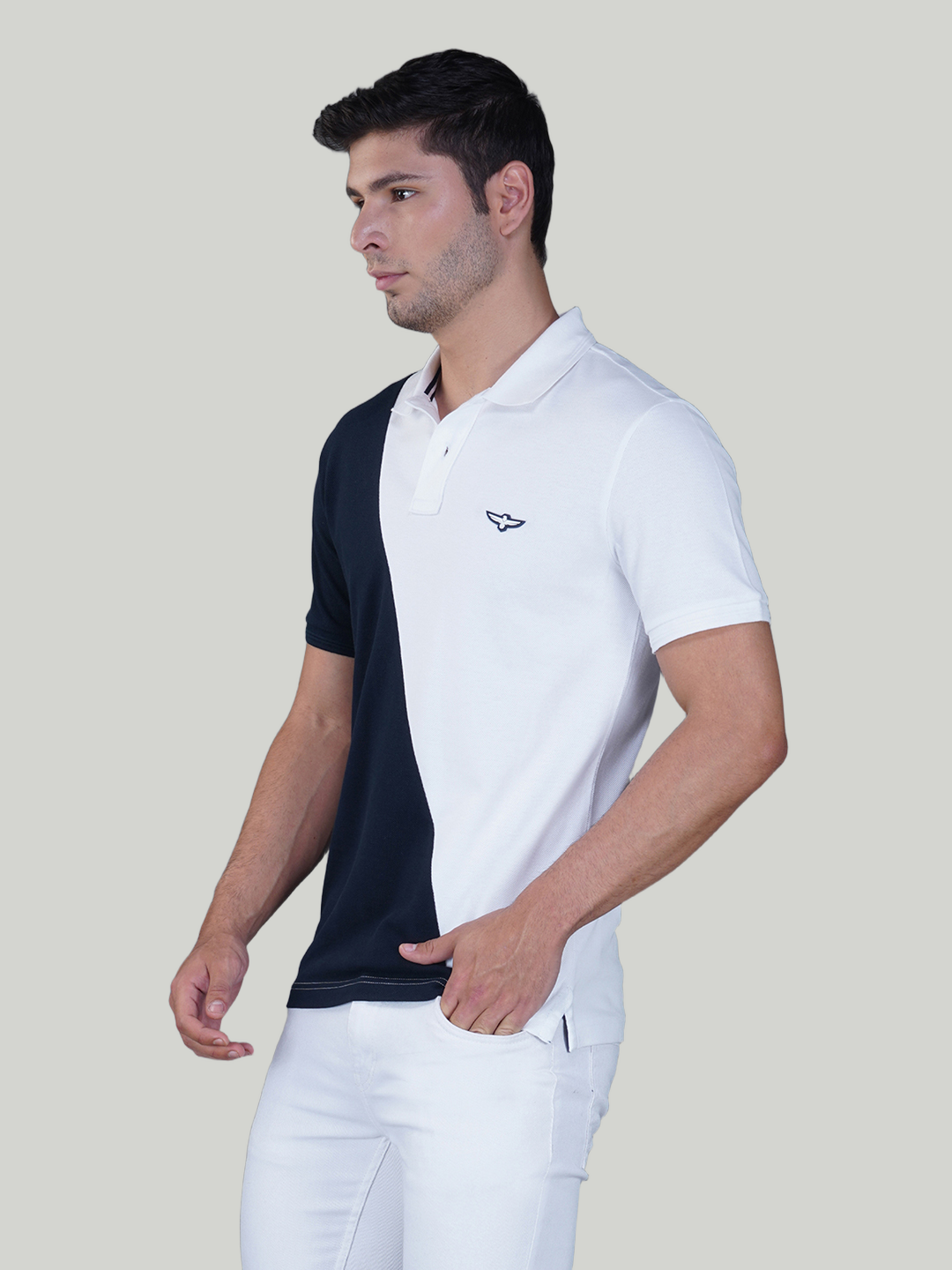 White & Navy Premium Cotton Piqué Color Block Polo – Euro Fit (CSP-04A)