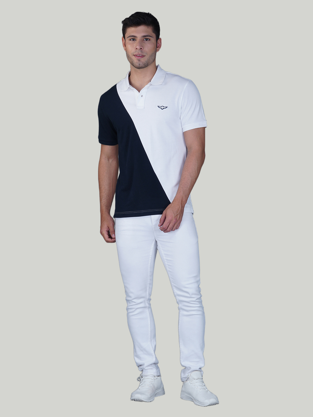 White & Navy Premium Cotton Piqué Color Block Polo – Euro Fit (CSP-04A)