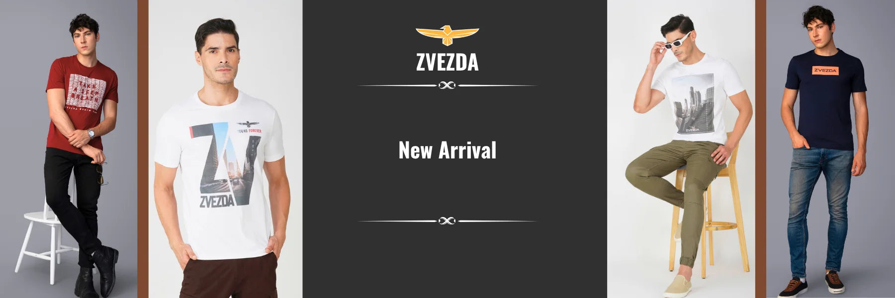 Zvezda clothing brand advertisement with models wearing different outfits.